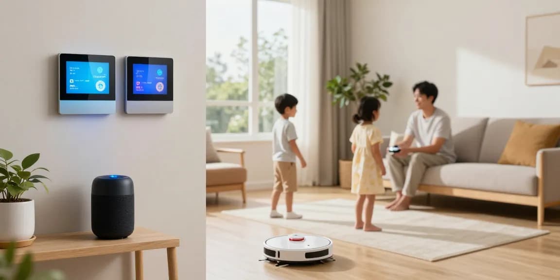 Family interacting with smart home gadgets in a modern living room, showcasing innovative technology integration.