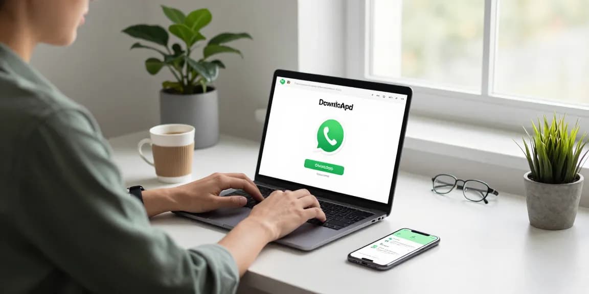 Downloading WhatsApp下載 on a laptop with a smartphone notification in a modern home office.