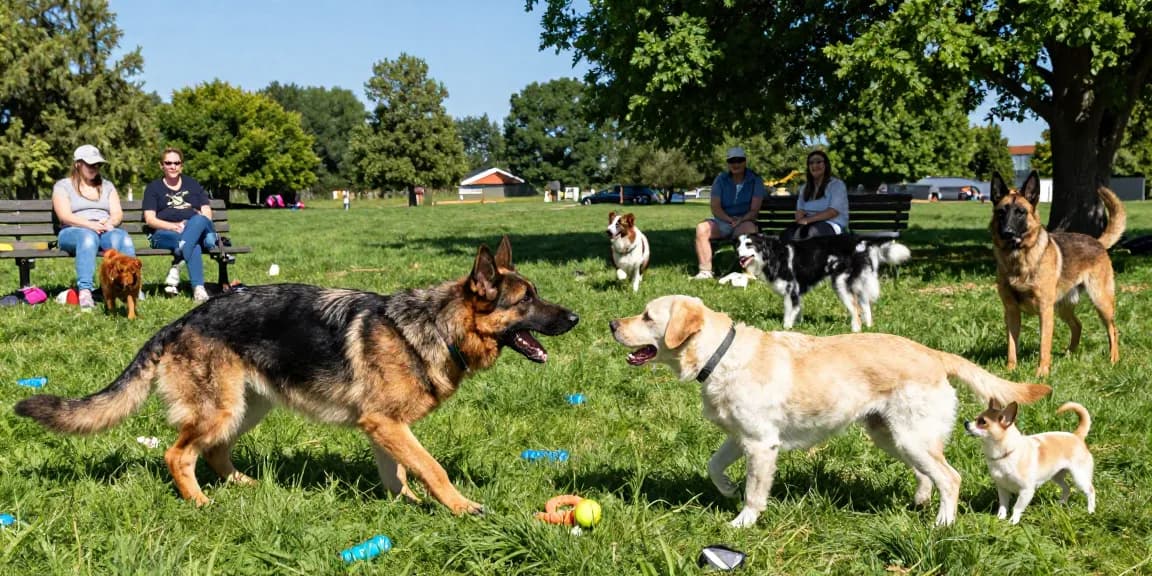 Dogs of various breeds playing together in a sunny park, highlighting the most reactive dog breeds in their natural environment.
