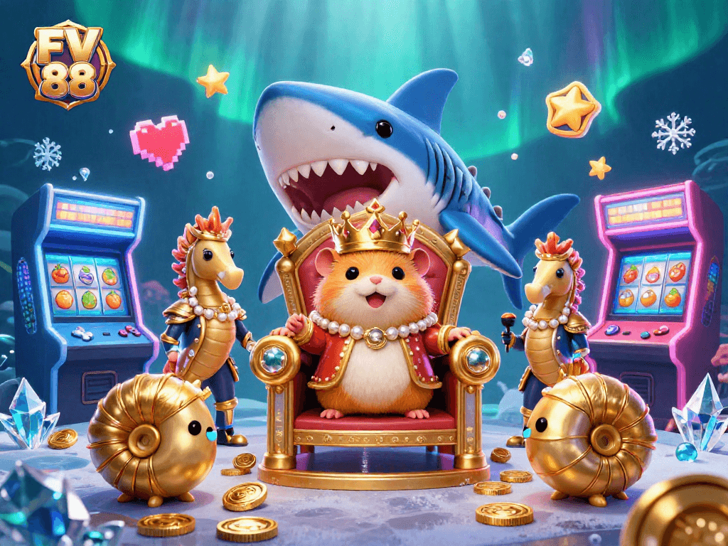 Engage with FV 88's thrilling underwater casino adventure featuring a fierce hamster king and vibrant game elements.