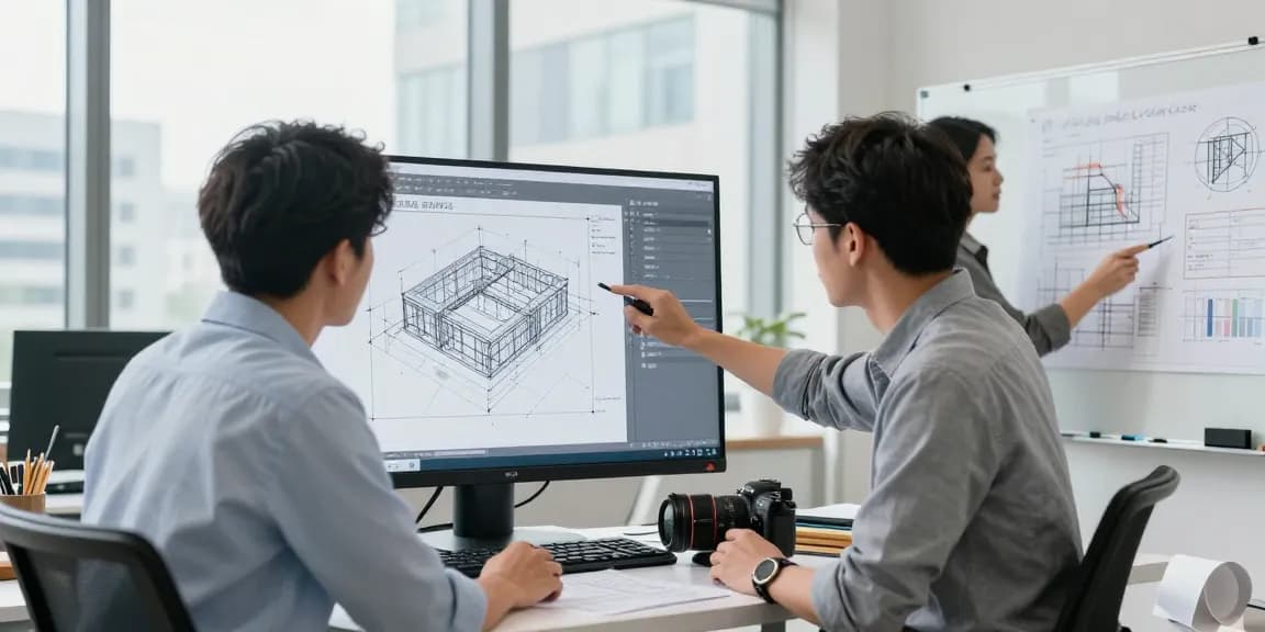 Structural Engineering Consultant USA analyzing blueprints and 3D models in a modern office environment.