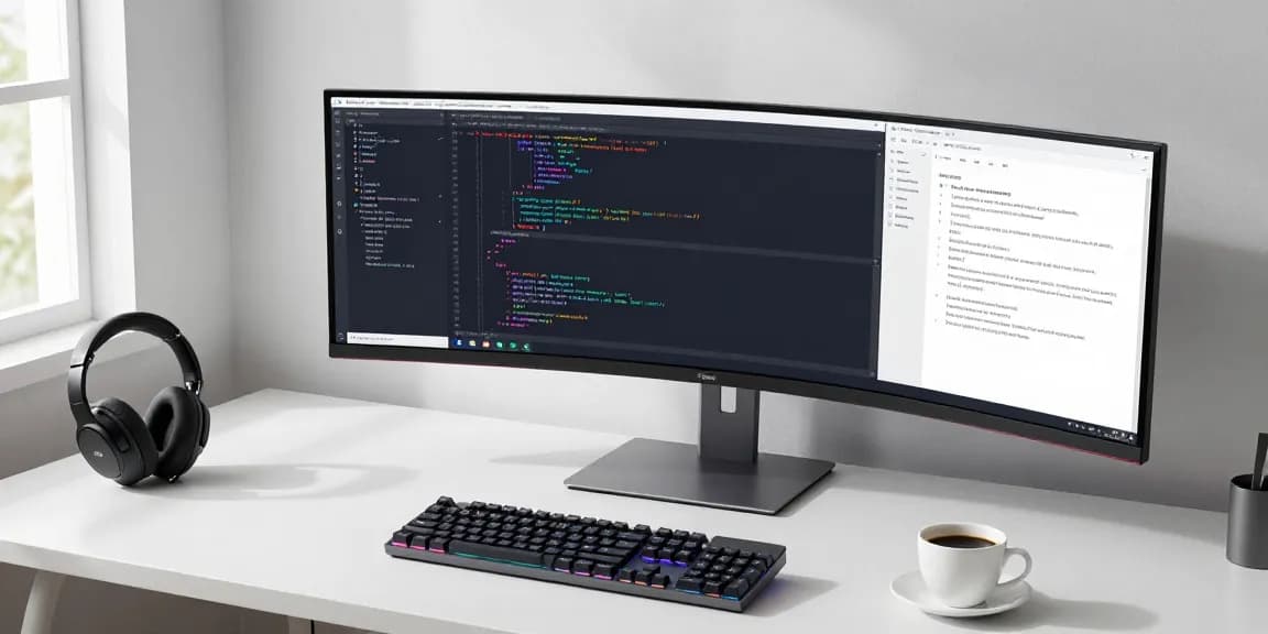 MB66 software development workspace with high-tech monitors and coding setup.