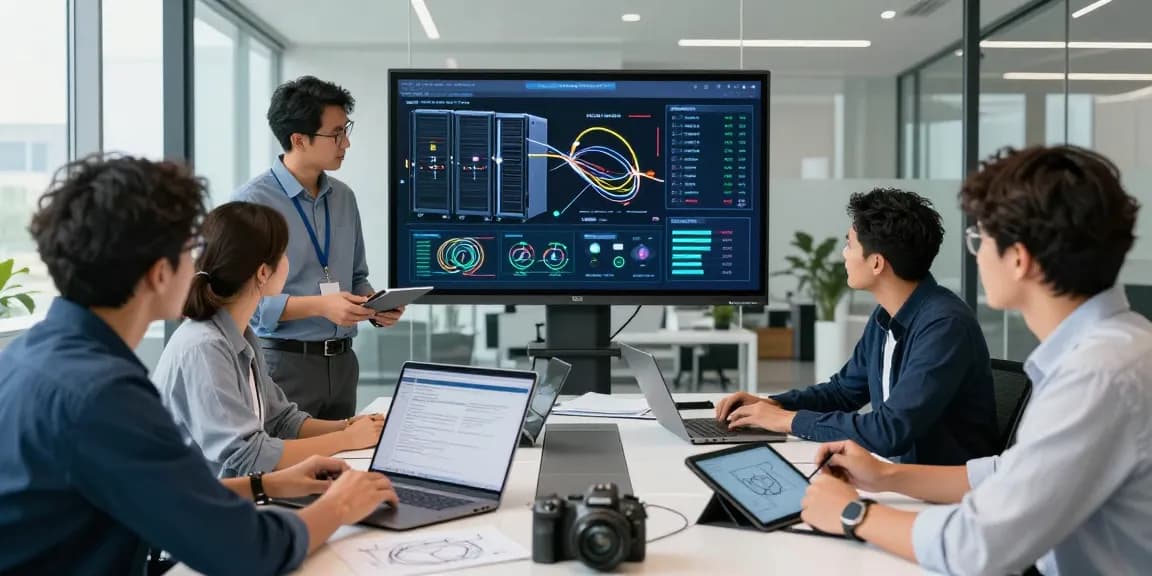 Engineers collaborating on fiber optic solutions in a modern workspace, showcasing high-tech equipment and teamwork.