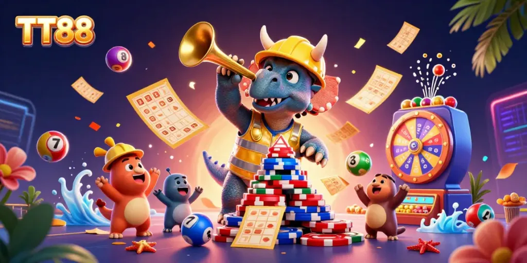 TT88 offers dynamic casino fun, highlighting a triceratops stacking poker chips amidst cheering figures and vibrant gaming elements.