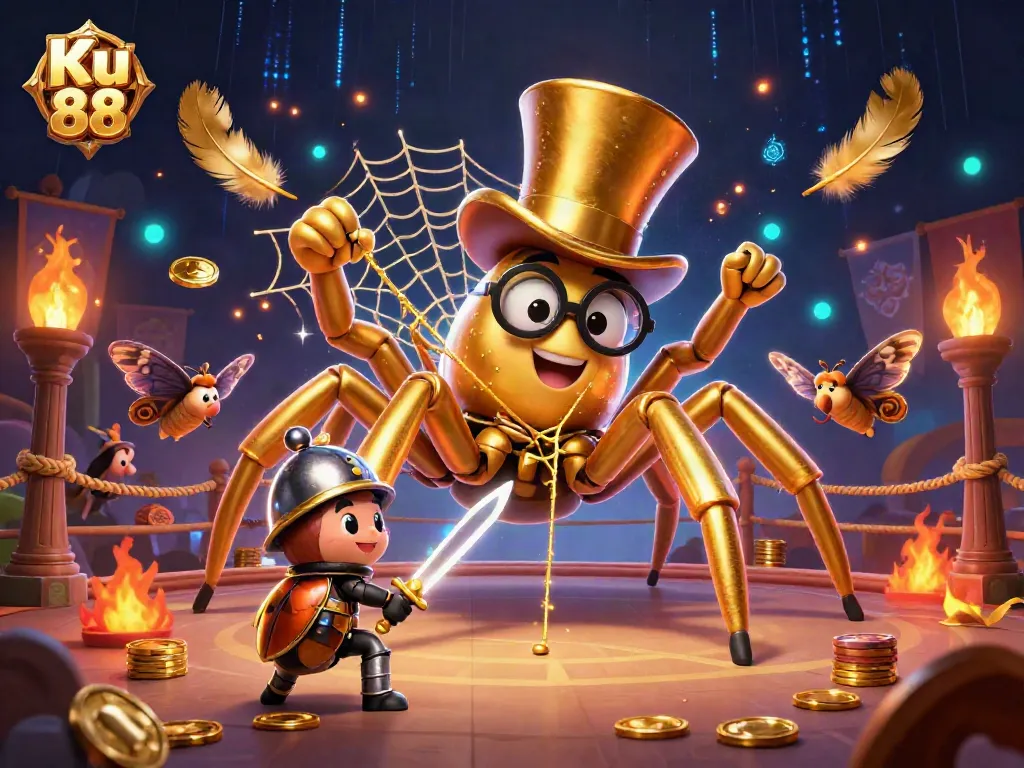 Engage with Ku 88's vibrant cockfighting scene featuring dynamic characters and gold elements.