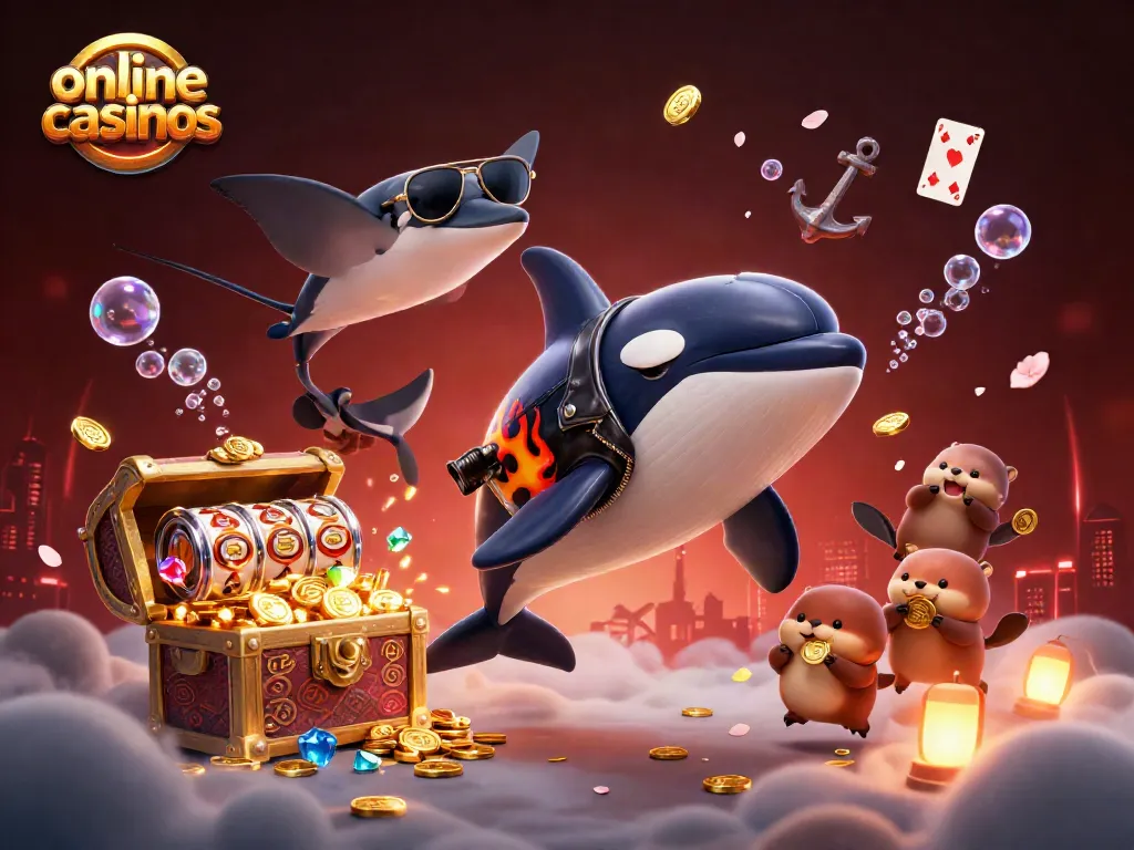 Experience thrilling online casinos with a 3D orca whale and sea otters amidst gold coins.