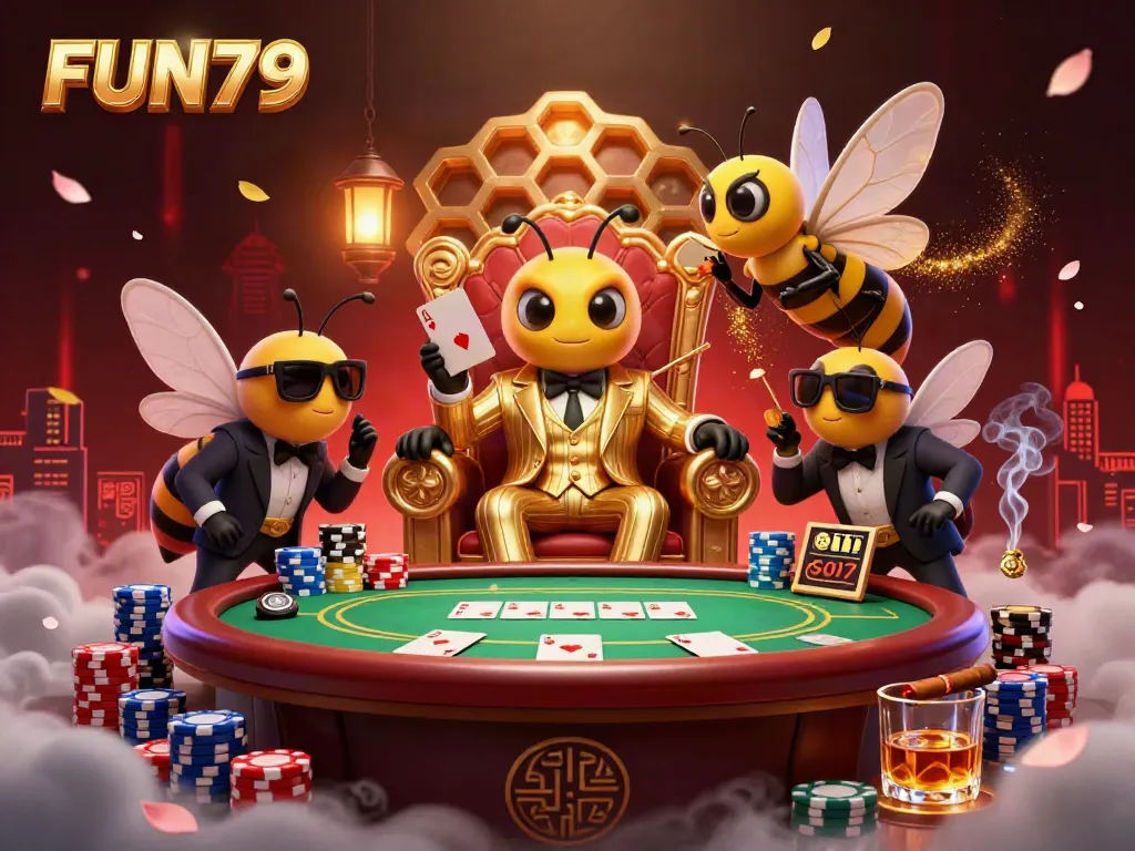 Experience FUN79’s lively casino atmosphere with a 3D scene of a bumblebee boss amid stacks of poker chips.