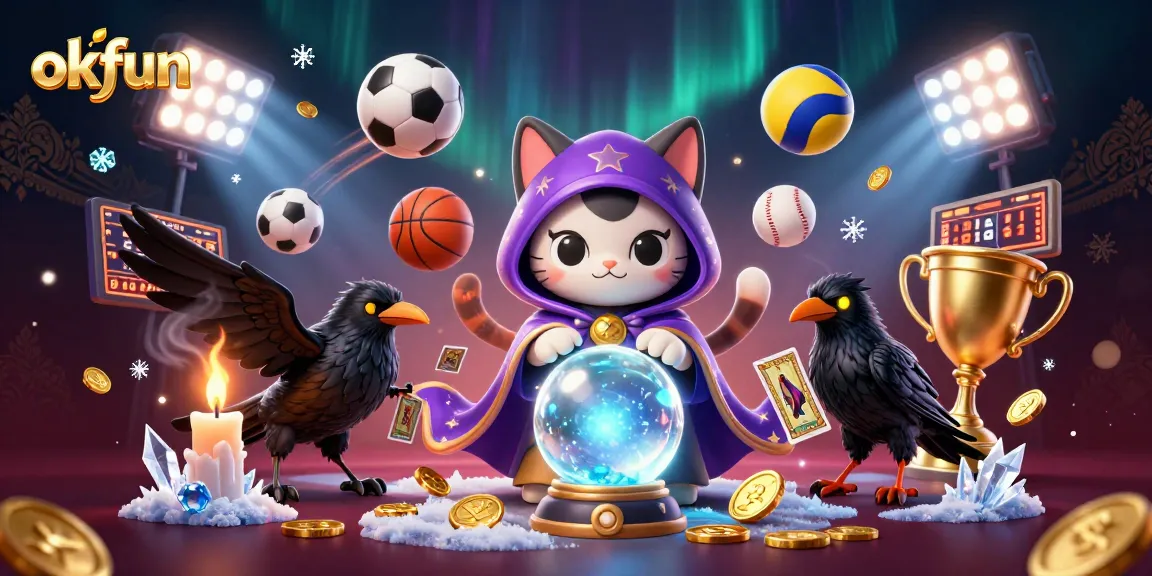 Win exciting games at okfun with a vibrant scene featuring a mystical cat and a tarot raven.