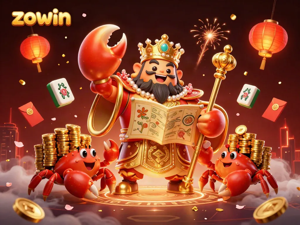 Zowin's dynamic gaming scene with a golden crab emperor and vibrant casino elements.