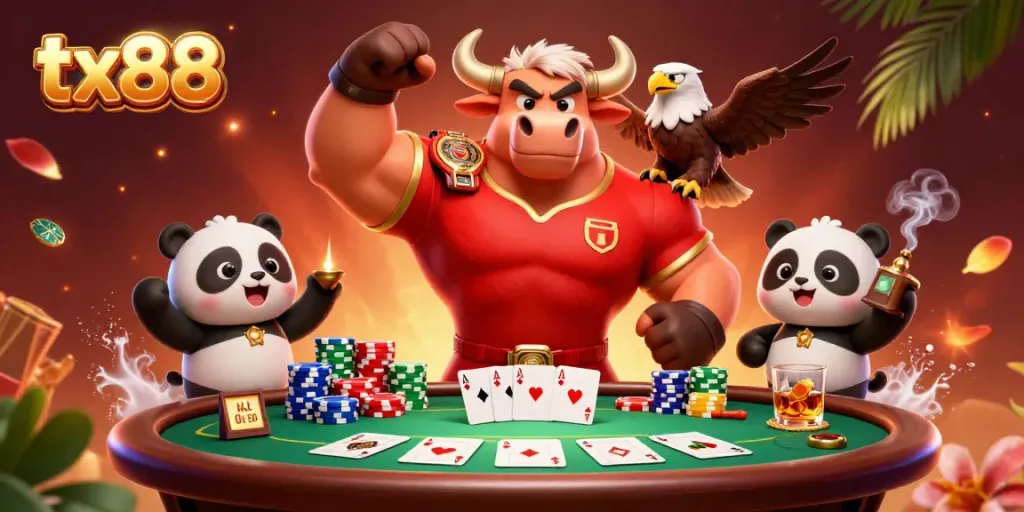 Engage with tx88 as the bull mascot celebrates a victory with symbols of casino sports betting.