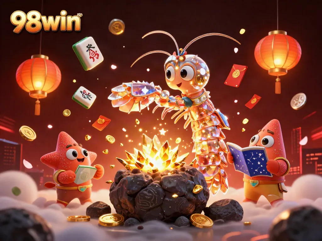 Experience the thrill at 98win com, where a mantis shrimp punches gems from an asteroid amidst vibrant gaming elements.