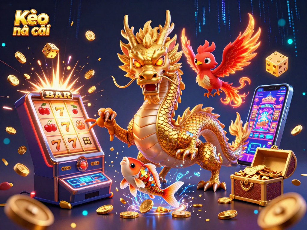 Kèo nhà cái showcases a vibrant 3D scene of a dragon, phoenix, and koi fish amid casino excitement.