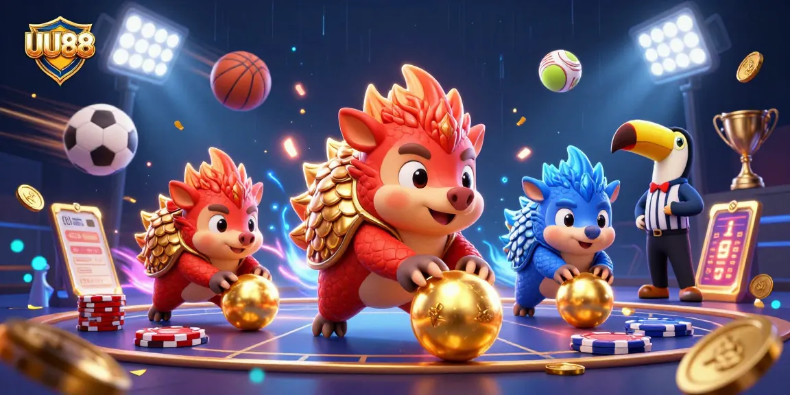 UU88 card game competition with rival pangolins bowling through poker chips in an energetic casino scene.