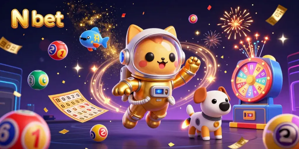 N bet reveals thrilling lottery excitement with a cosmic cat, floating numbers, and vibrant gaming elements.