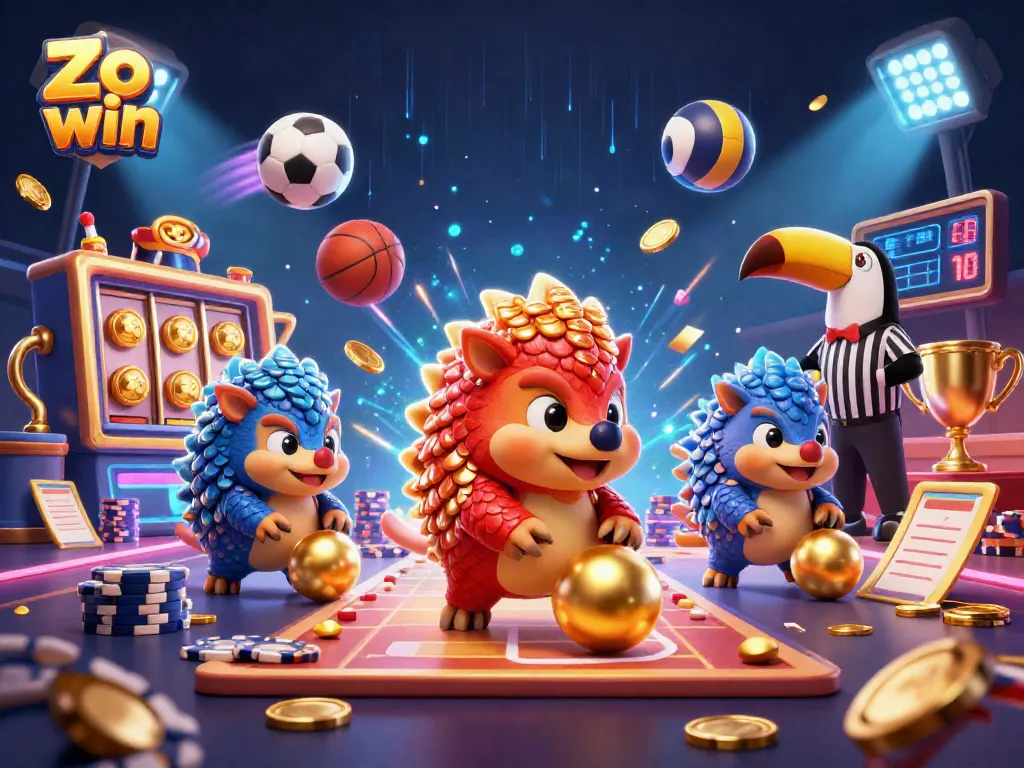 Engaging Zo win gaming scene with rival pangolins, thrilling jackpots, and vibrant casino elements.