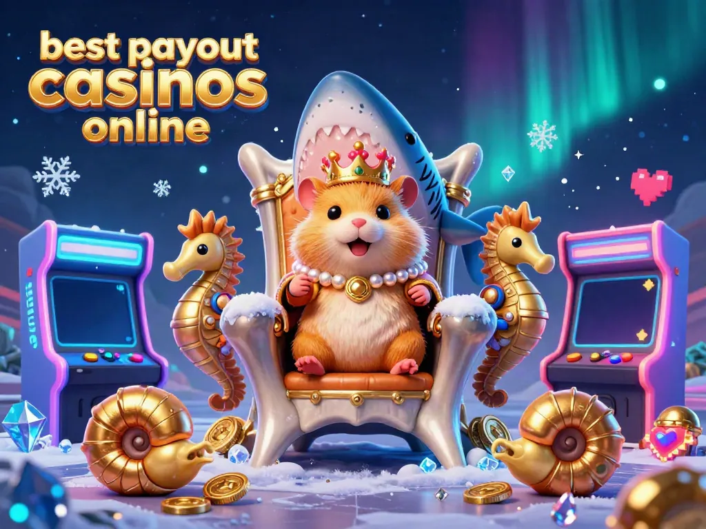 Experience the excitement of the best payout casinos online with a golden hamster king on a megalodon throne amidst arcade game fun.