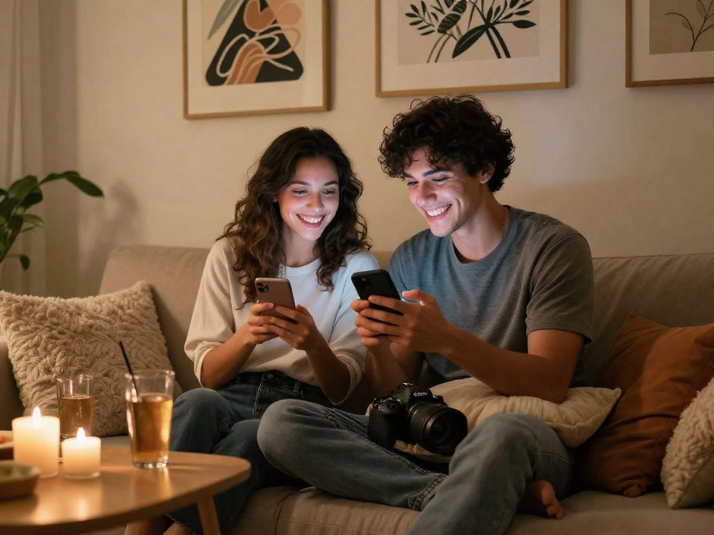 Engaging in sensual text conversations with sex ai on smartphones in a cozy setting.