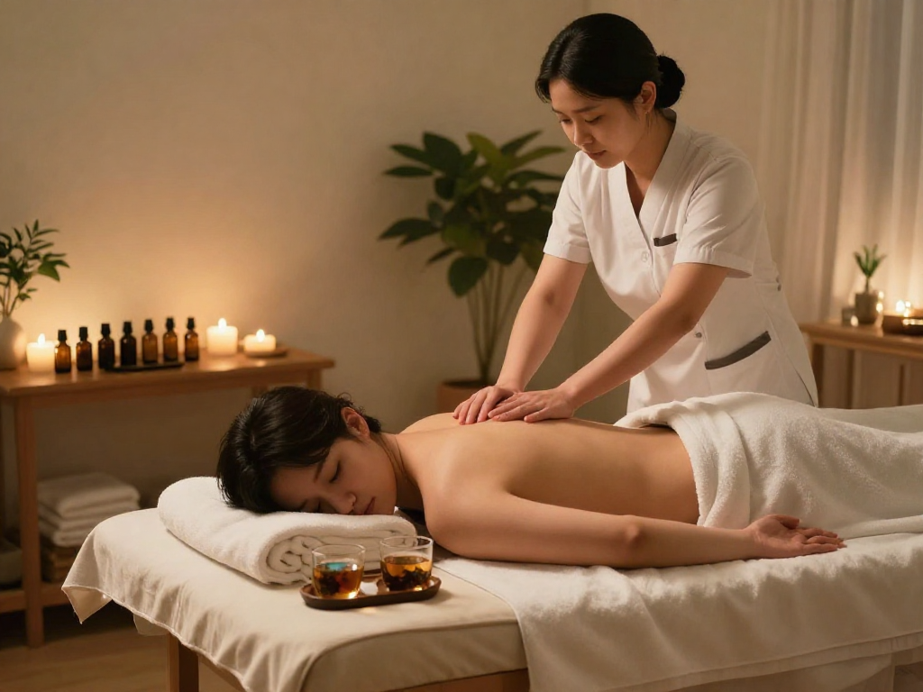 Customer enjoying a 서울출장마사지 in a serene home spa environment.