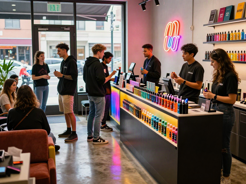 Friends exploring raz vape products in a vibrant downtown vape shop, showcasing diverse flavors and engaging atmosphere