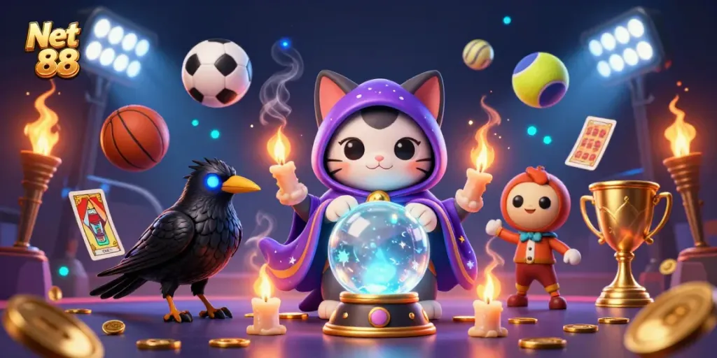 Engage with Net 88's thrilling sports betting experience featuring a mystical cat and dynamic game elements.
