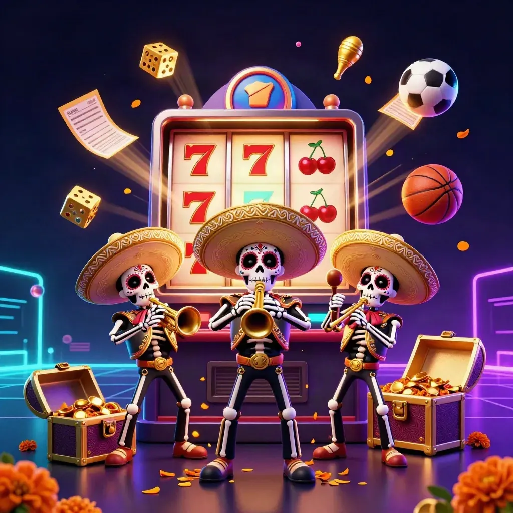Skeleton mariachi trio amid exploding slot icons, gold, balls, and neon casino light.