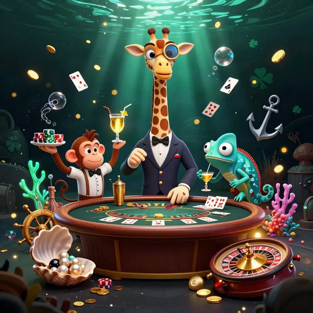 Giraffe high roller with monkey valet and chameleon bartender amid treasure cove casino magic