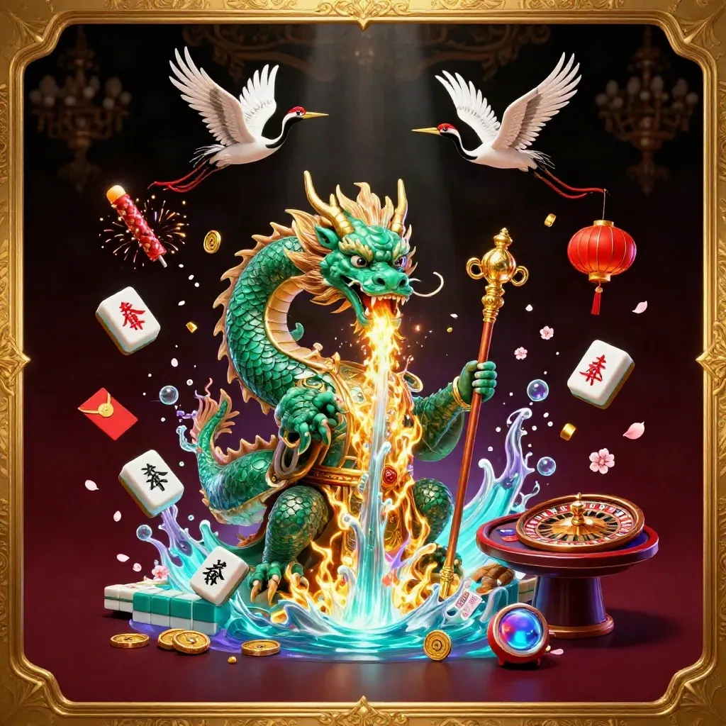 Jade dragon, turtle sage, and cranes amid gold fire, casino symbols, and glowing lanterns.