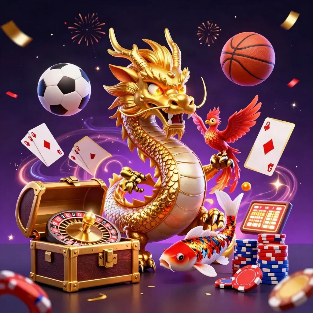 Golden dragon, phoenix, koi, chips, roulette wheel, and balls in a casino burst