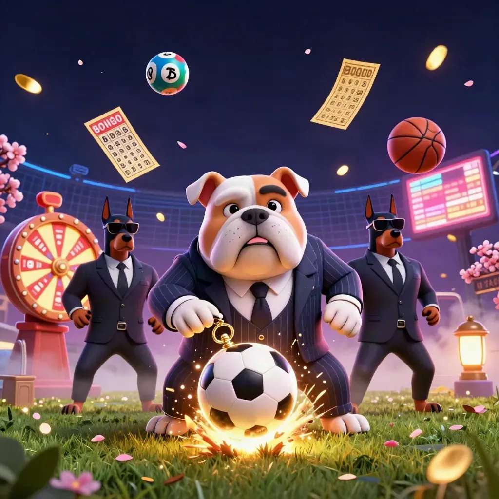Bulldog mob boss and Dobermans amid a frozen soccer strike with casino lights and floating game props.