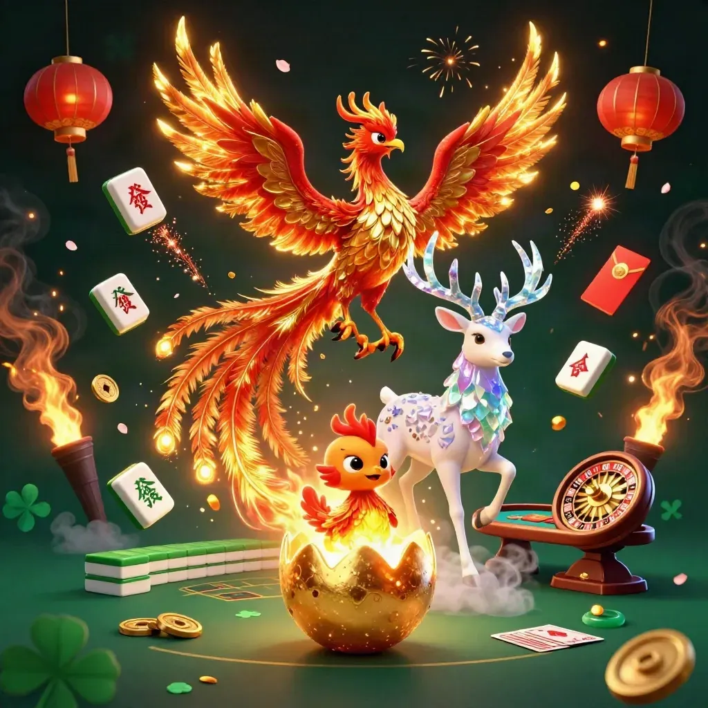 Fire phoenix, hatching phoenix, stag, casino props, lanterns, jade coins, roulette wheel