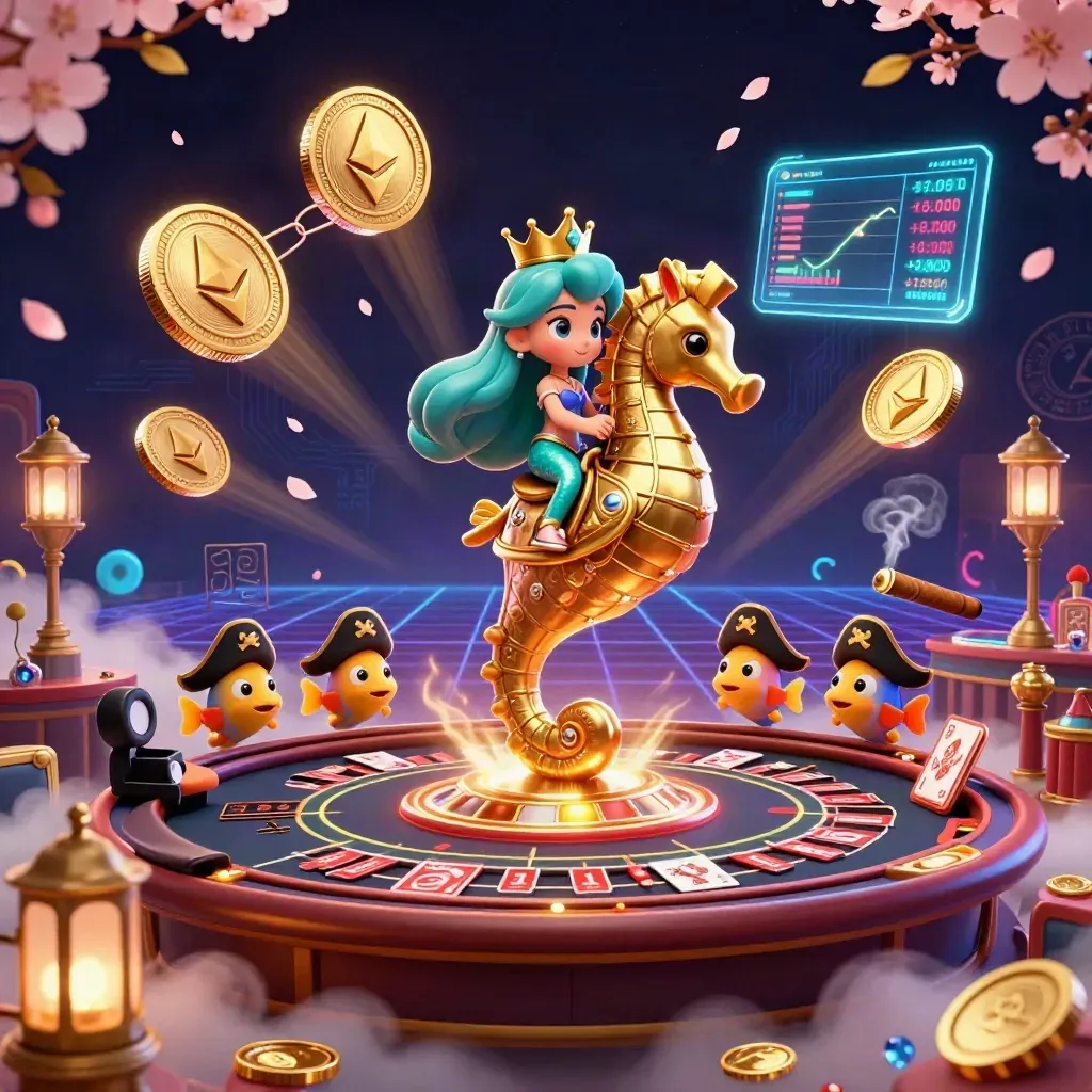 Mermaid princess on armored seahorse amid pirate fish, casino neon, coins, runes, and brass glow.
