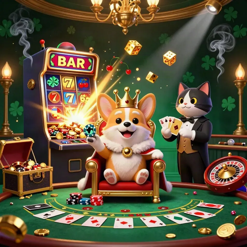 Corgi king and cat butler amid exploding slot machine, spinning roulette, gold, and casino lights.
