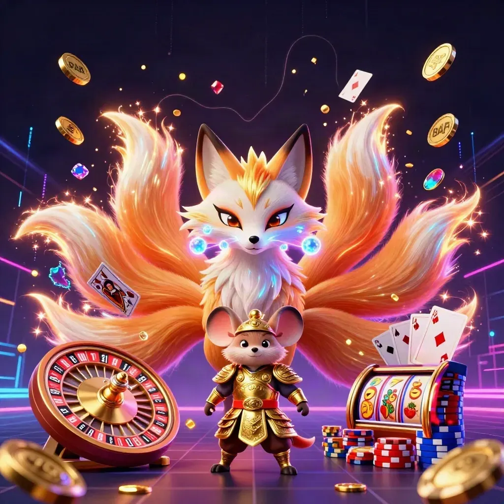 Nine-tailed fox spirit and samurai mouse amid casino gold, cards, chips, and neon energy.