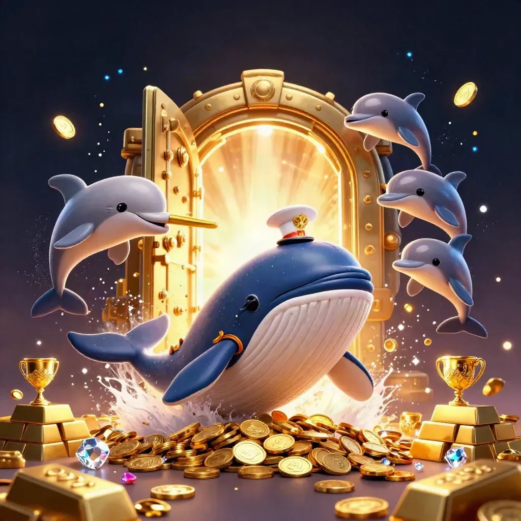 Captain whale, narwhal, and chip-trick dolphins burst from coins before a glowing vault.