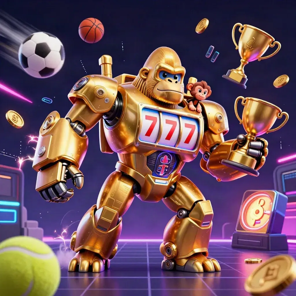Golden gorilla mech with monkey pilot, coins, sports balls, and neon effects on a dark casino grid.