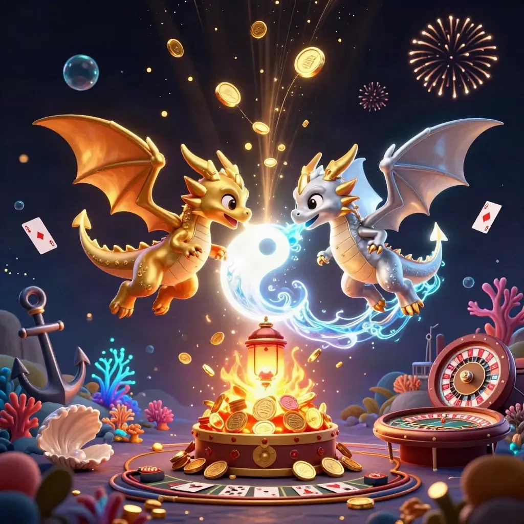Gold and silver dragons spiral around a lantern spirit amid casino treasure, coins, and fireworks.