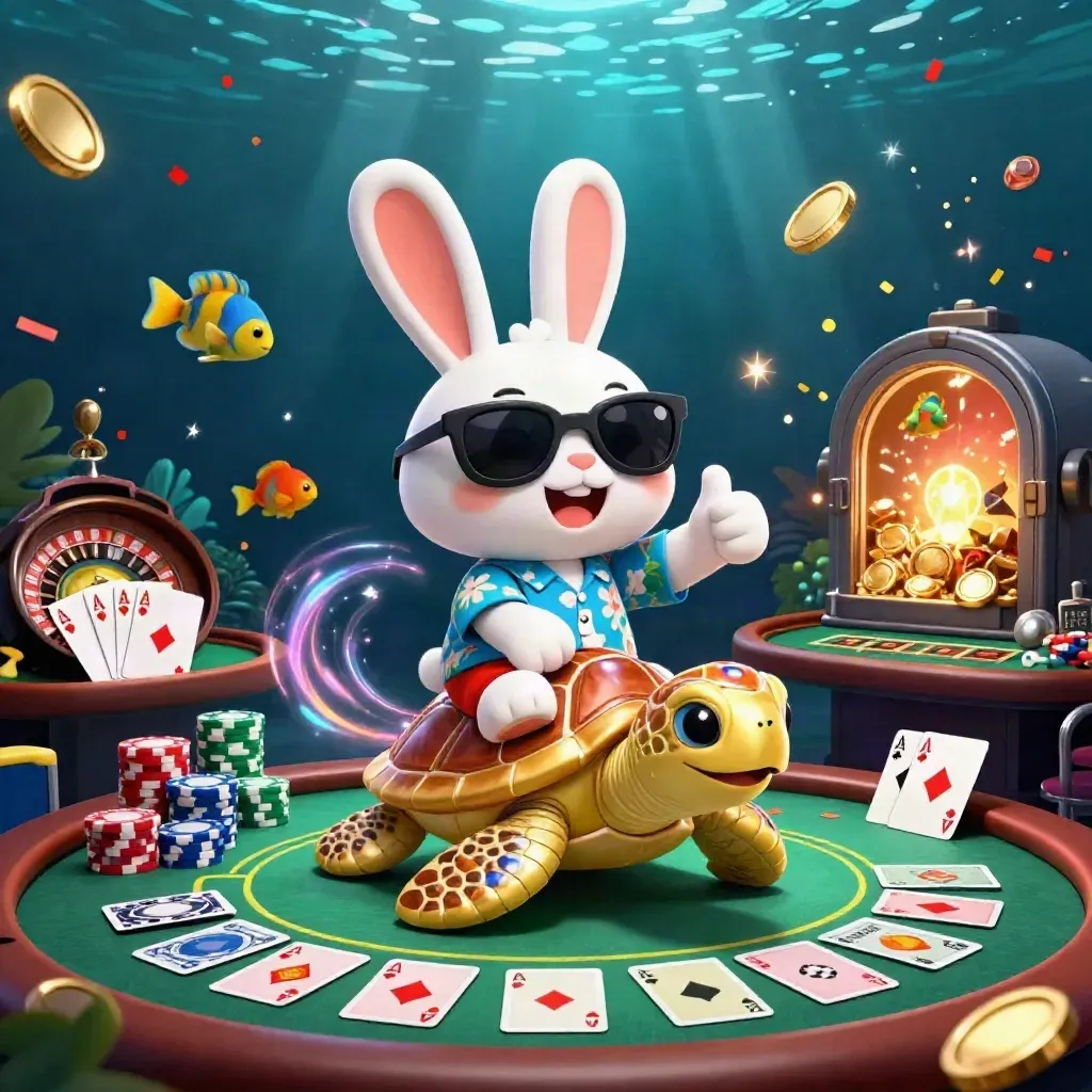 Lucky rabbit on golden sea turtle amid casino chips, cards, confetti, and underwater fireworks.