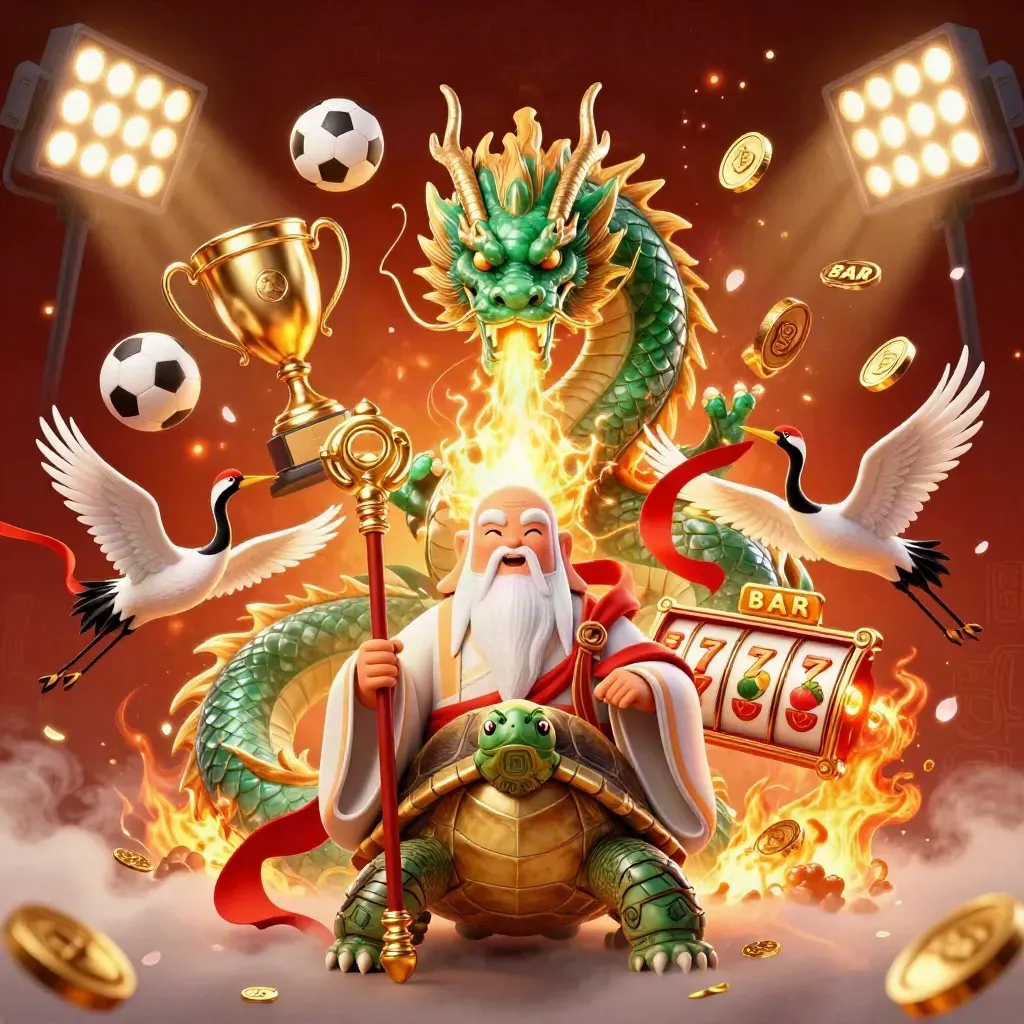 Dragon, turtle sage, and cranes amid casino and sports icons in fiery cinematic gold and red.
