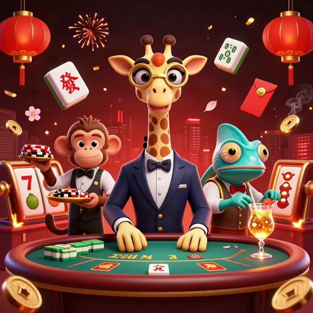 Giraffe, monkey, and chameleon casino heroes amid lanterns, coins, fireworks, and slot symbols