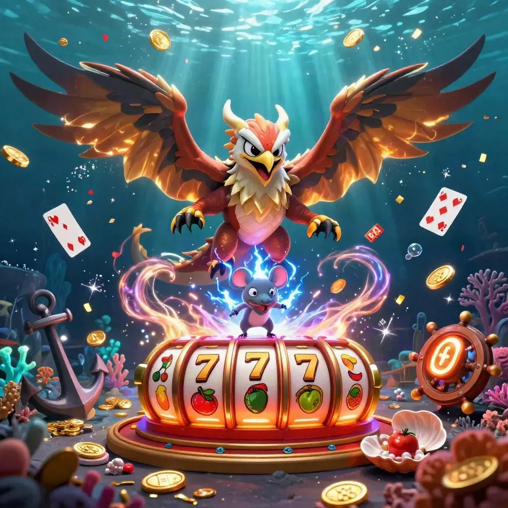 Thunder dragon, wind hawk, and mouse amid casino treasure in a glowing underwater scene.