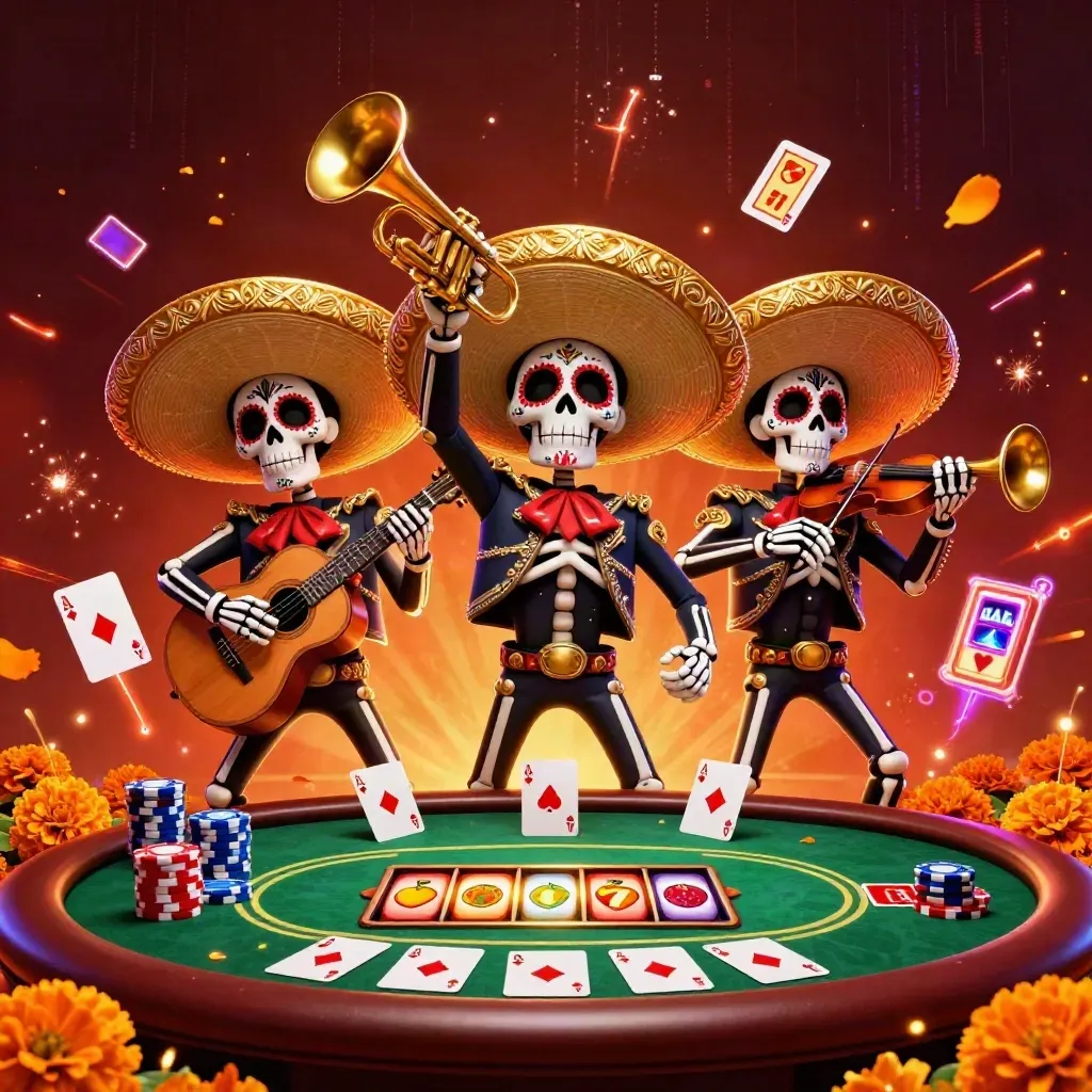 Skeleton mariachi trio with casino cards, chips, reels, and fiery neon glow