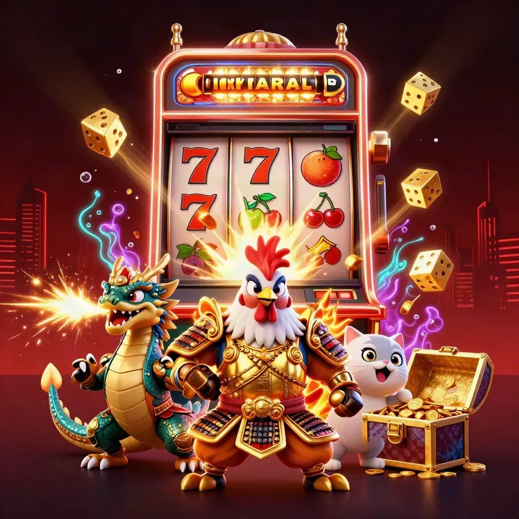 Rooster warrior, spark-breathing hatchling, and fortune-cat amid exploding slots and gold.