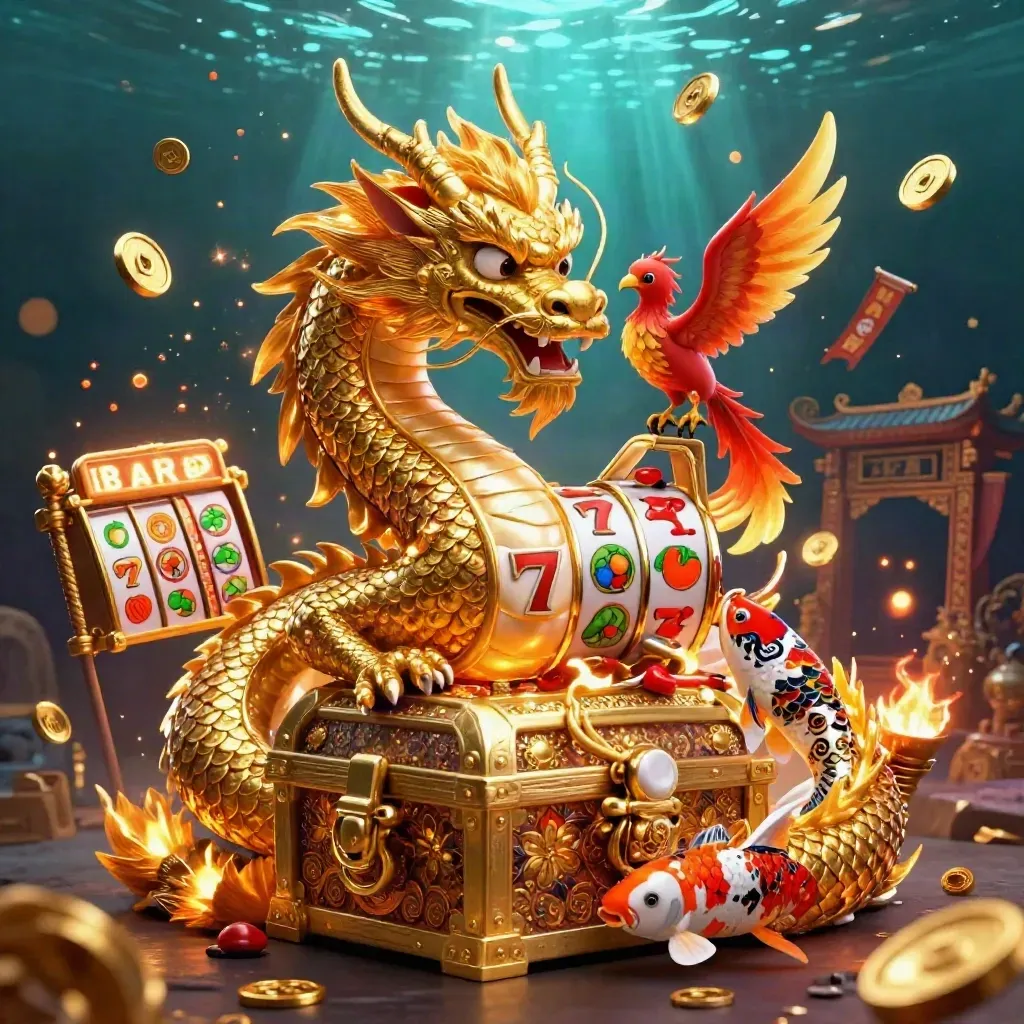 Golden dragon, phoenix, and koi with casino props in a dark teal fantasy splash scene.