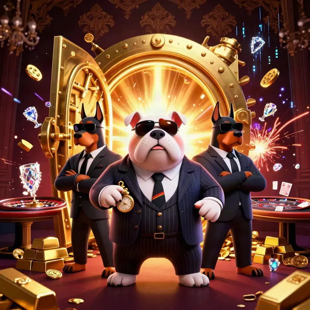 Cartoon bulldog boss with two Dobermans amid a gold vault, roulette, cards, and neon sparks