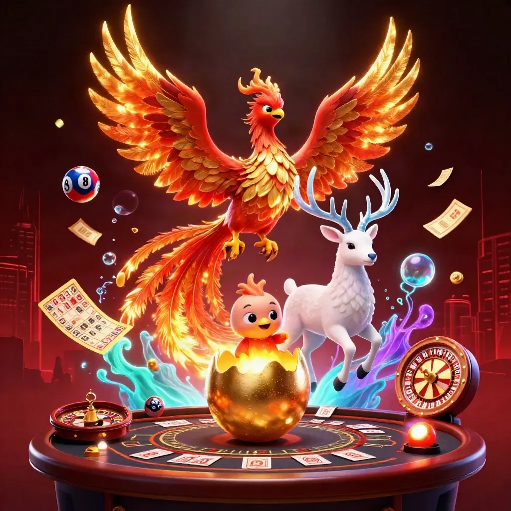 Phoenixes, stag and casino rewards burst amid gold lights over a dark neon skyline.