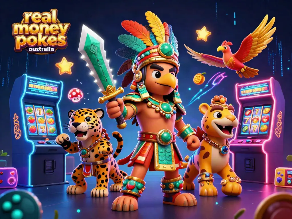 Experience real money pokies Australia with vibrant scenes of warriors and colorful slot game elements.