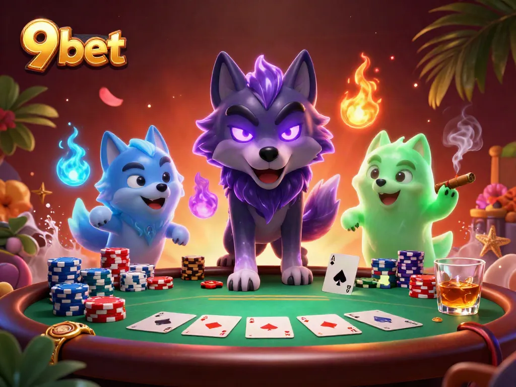 Engage in thrilling gameplay with 9 bet, showcasing spectral wolves amid dense poker action.