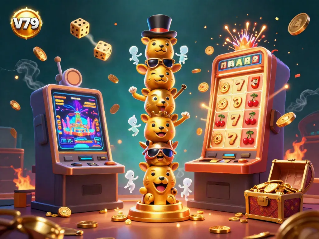 Engage with V79's vibrant casino experience featuring a golden totem pole, slot machine chaos, and festive elements.