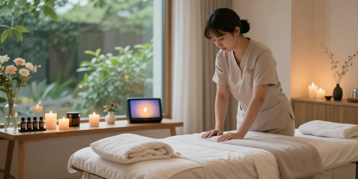 Relaxation space for 인천출장안마 with massage therapist preparing oils and candles.