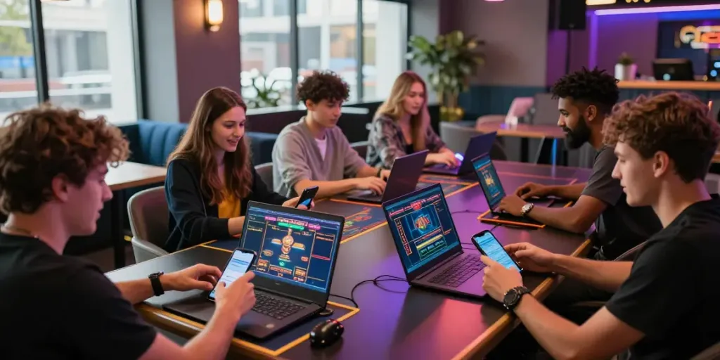 Players engaged in various online games at TX88, showcasing excitement and interaction with devices at a stylish gaming lounge.